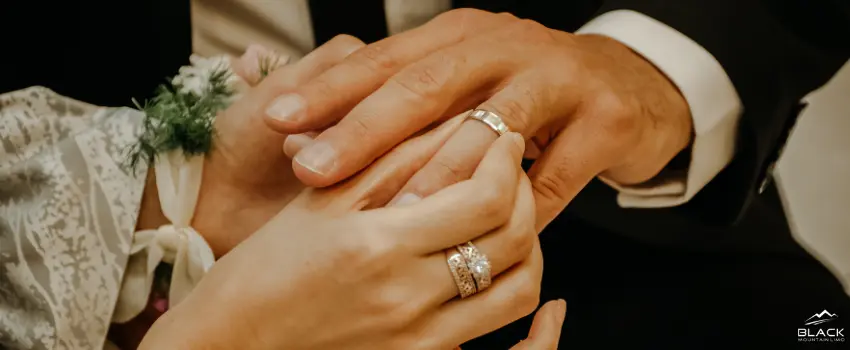 Bride and groom exchange vows and rings.