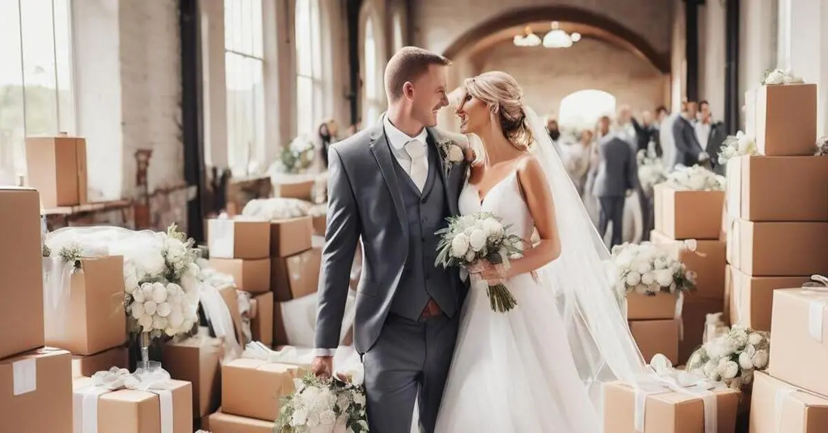 Bride and groom posing for a photo in front of wedding gifts