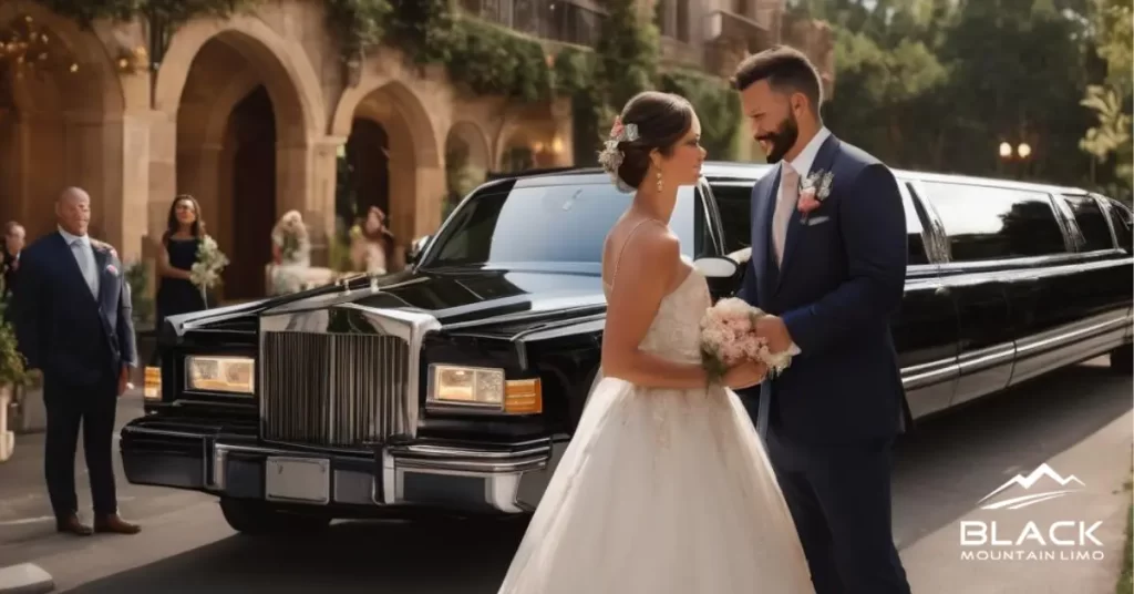 A bride and groom posing beside a sleek black limousine on their special day.