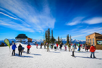 Skiers mill around at the summit of Keystone Ski Resort in Colorado.