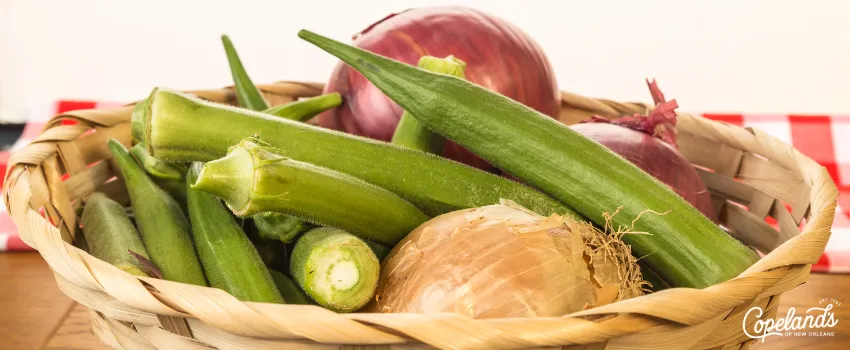 JDC - Key ingredients of a gumbo in a woven basket 